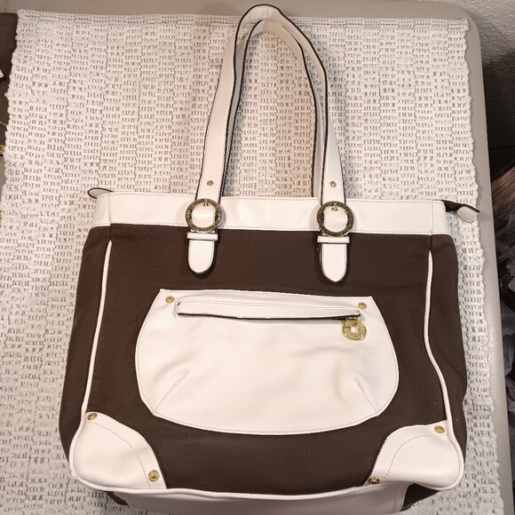 Isaac Mizrahi canvas & faux leather extra large shoulder tote bag purse - Picture 1 of 16